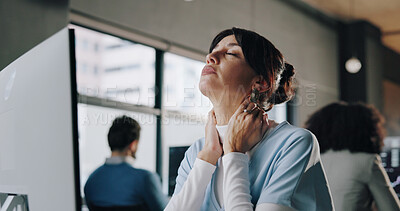 Buy stock photo Business, neck pain and woman in office, stress and muscle tension with deadline for news report. Employee, person and journalist in workplace, tired and fatigue with burnout, joint injury and ache