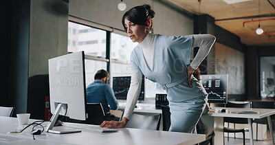 Buy stock photo Woman, back pain and stress with computer at office, bad posture and muscle strain at trading agency. Person, spine injury or frustrated with fibromyalgia, osteoporosis and burnout at finance company