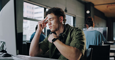 Buy stock photo Stress, fatigue and businessman in office with headache for creative project with deadline. Burnout, tired and male magazine editor with migraine for exhaustion with article publishing in workplace.