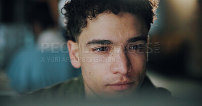 Buy stock photo Business, online reading and man with internet, copywriting and content for company website. Creative agency, employee and person in office, tech and ideas with positive review, email and feedback