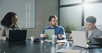 Buy stock photo Tablet, laptop and business people in office with meeting for creative project in collaboration. Teamwork, computer and group of magazine editors with article for online publishing in workplace.