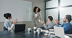 Woman, presentation and team with applause in boardroom, finance and motivation at investment agency. Speaker, group and staff with celebration, praise and excited for revenue announcement at company