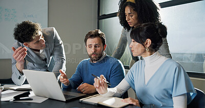Buy stock photo Conversation, laptop and business people in office with planning for creative project in collaboration. Teamwork, computer and magazine editors with article for online publishing in workplace.