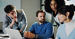 Serious, laptop and business people in office with planning for creative project in collaboration. Meeting, computer and group of magazine editors with article for online publishing in workplace.