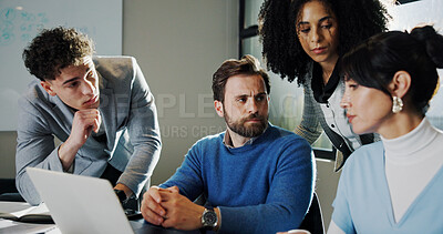 Buy stock photo Serious, laptop and business people in office with planning for creative project in collaboration. Meeting, computer and group of magazine editors with article for online publishing in workplace.