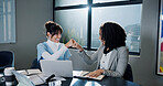 Happy women, fist bump and meeting with laptop in office for winning, celebration or teamwork. Excited, female people or employees with smile or touch for good news, promotion or project success