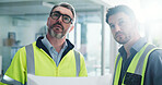 Inspection, architect and men with blueprint in office, talking or planning for property development. Engineer, teamwork and people with document for architecture, flare and discussion for renovation