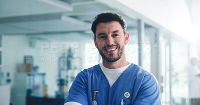 Buy stock photo Man, portrait and nurse at hospital with smile for healthcare, advice or help with medical professional pride. Male person, health worker and scrubs for surgery, medicine and happy about us at clinic