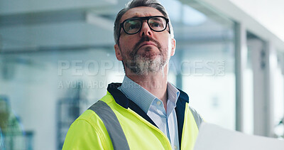 Buy stock photo Thinking, architect and mature man with blueprint, inspection and planning for property development. Engineer, project and person with document for architecture, renovation and building construction