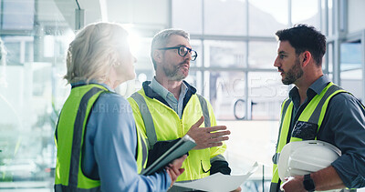 Buy stock photo Teamwork, architect and people with blueprint in office, talk and planning for property development. Civil engineer, woman and man with document for architecture, flare and discussion for renovation