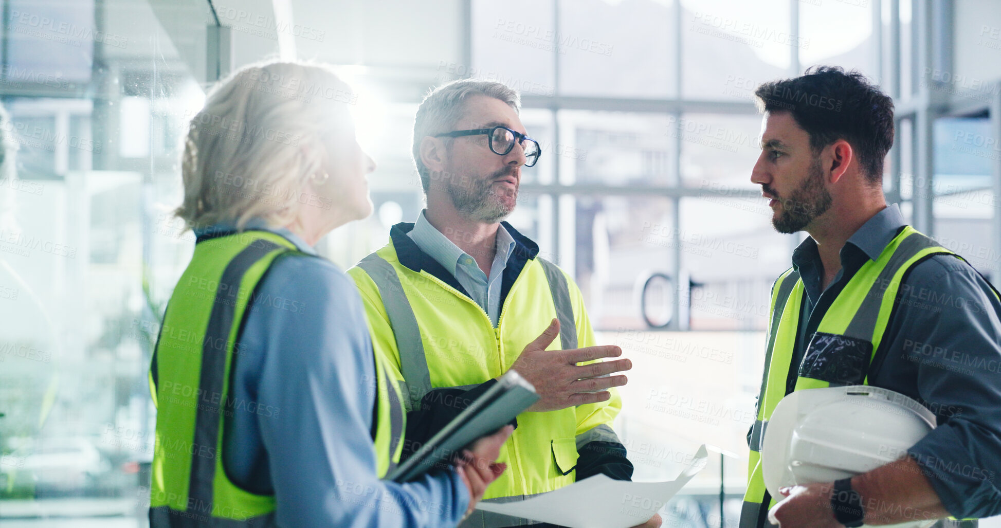 Buy stock photo Teamwork, architect and people with blueprint in office, talk and planning for property development. Civil engineer, woman and man with document for architecture, flare and discussion for renovation