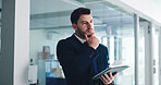 Thinking, tablet and businessman in office with ideas for finance report with budget planning. Digital technology, decision and male financial advisor with online investment proposal in workplace.