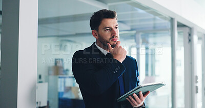 Buy stock photo Thinking, tablet and businessman in office with ideas for finance report with budget planning. Digital technology, decision and male financial advisor with online investment proposal in workplace.