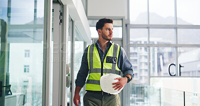 Buy stock photo Engineer, construction site and man for urban planning, thinking or decision for architecture development. Inspection, insight and contractor with helmet, project management or civil engineering