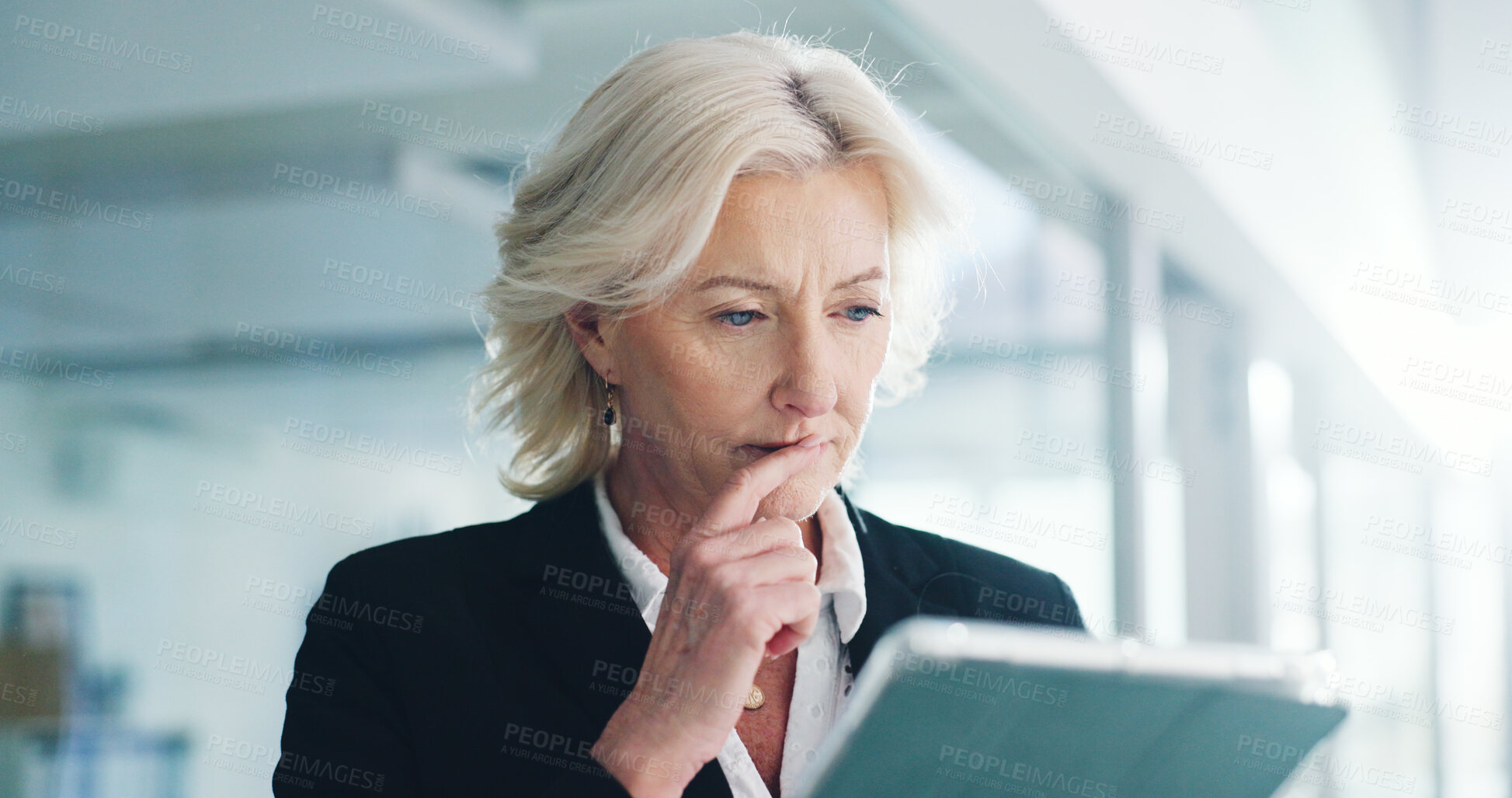 Buy stock photo Thinking, tablet and businesswoman in office with ideas for finance report with budget planning. Technology, decision and mature female financial advisor with online investment proposal in workplace
