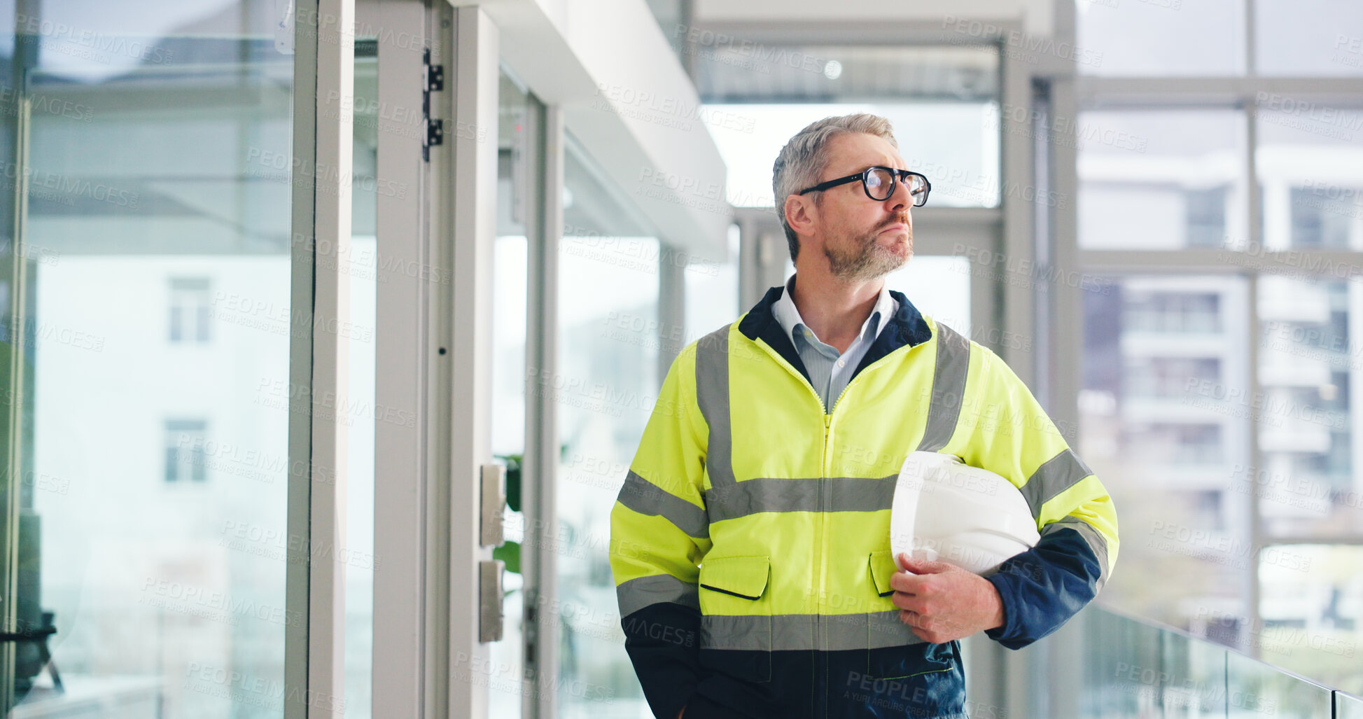 Buy stock photo Engineer, construction and man with thinking for urban planning, helmet or vision for architecture development. Inspection, insight and mature contractor with building project for civil engineering