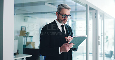 Buy stock photo Reading, tablet and glasses with business man in office for stock broker, research or investment report. Portfolio manager, planning and account budget with mature person in agency for online trading