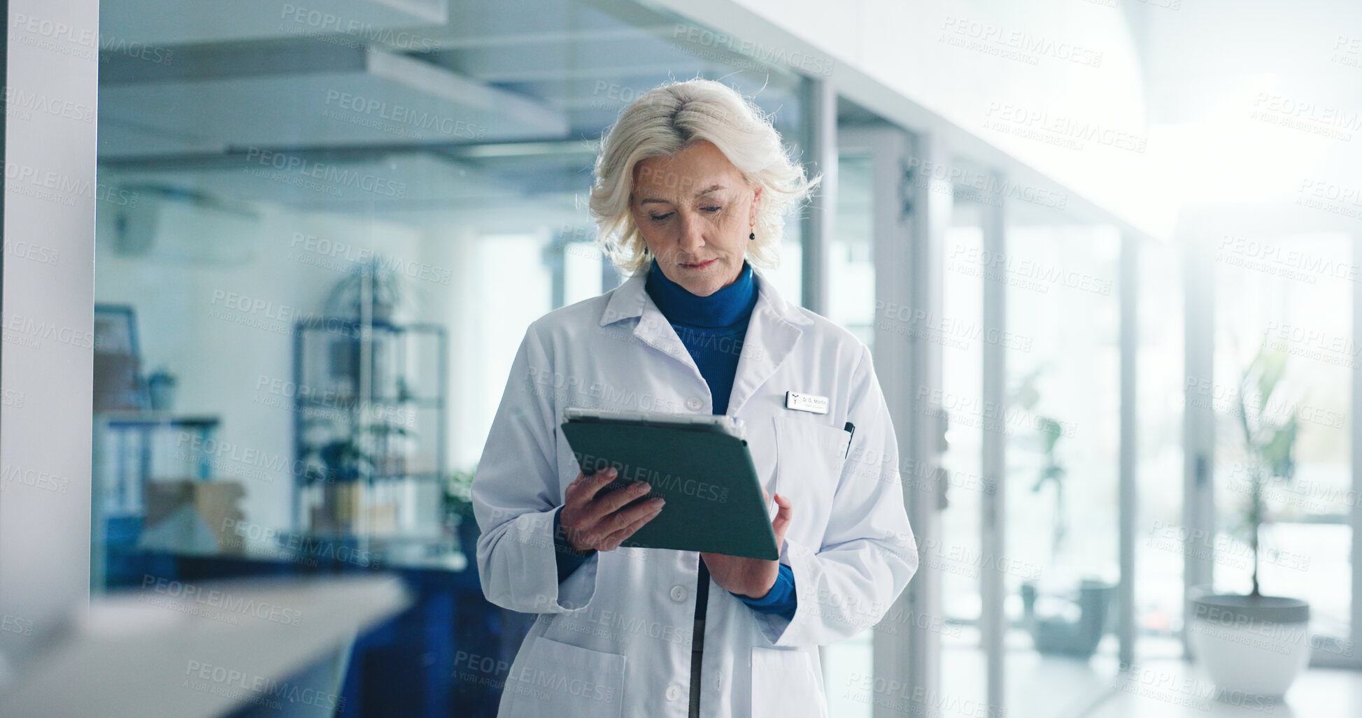 Buy stock photo Tablet, mature woman and doctor in hospital with medical research, administration or communication. Digital technology, email and professional female healthcare worker with online contact in clinic.