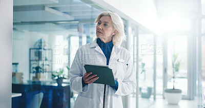 Buy stock photo Tablet, mature woman and doctor in clinic with medical research, administration or communication. Digital technology, email and professional female healthcare worker with online contact in hospital.