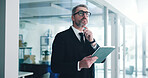 Ideas, tablet and mature businessman in office with thinking for finance report with budget planning. Technology, decision and male financial manager with online investment proposal in workplace.