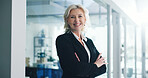 Portrait, business and woman in office, arms crossed and smile with investment banker. Happy, mature person and employee in workplace, trading consultant and financial agency with career ambition