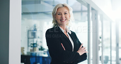 Buy stock photo Portrait, business and woman in office, arms crossed and smile with investment banker. Happy, mature person and employee in workplace, trading consultant and financial agency with career ambition