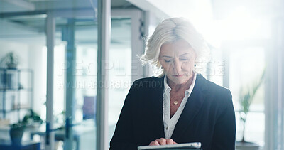 Buy stock photo Office, online and mature woman with tablet, realtor and browsing listing on website or real estate. Flare, broker and person with tech for property research, scroll and preparing for virtual tour