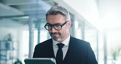 Buy stock photo Office, employee and mature man with tablet, realtor and planning for listing on web or real estate. Review, online and person with tech for property research, smile and preparing for virtual tour