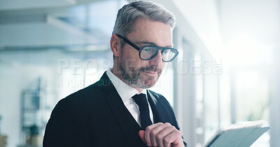 Buy stock photo Smile, tablet and glasses with business man in office for stock broker, research and investment report. Portfolio manager, planning and account budget with mature person in agency for online trading
