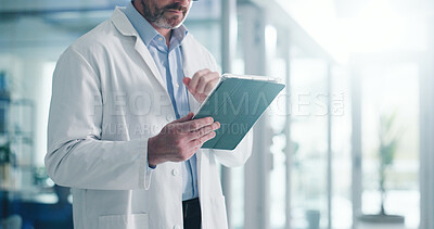 Buy stock photo Hands, tablet and reading with doctor in hospital for healthcare report, research grant and planning. Medical case review, clinical guidelines and telehealth app with mature person for diagnosis