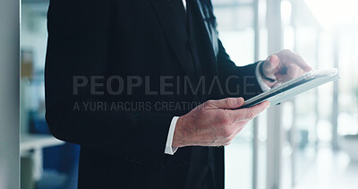 Buy stock photo Hands, businessman and tablet in office for corporate planning, app and internet connection. Professional person, tech and scroll for online research, communication or networking email at workplace