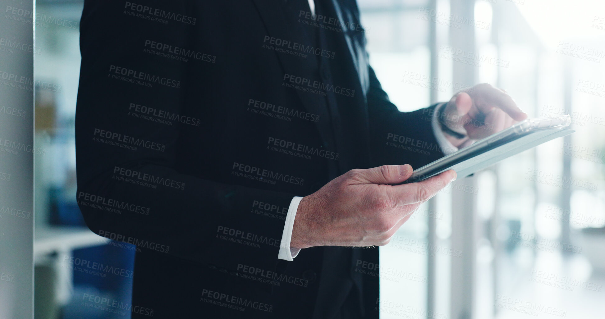 Buy stock photo Hands, businessman and tablet in office for corporate planning, app and internet connection. Professional person, tech and scroll for online research, communication or networking email at workplace