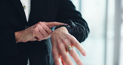 Buy stock photo Hands, watch and time management with business person, schedule or calendar for professional reminder. Clock, wristwatch or deadline with employee for appointment, agenda or corporate meeting