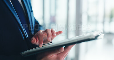 Buy stock photo Businessman, hands and tablet connection in office for corporate planning, app and internet. Professional person, tech and space for online research, communication or networking email at workplace