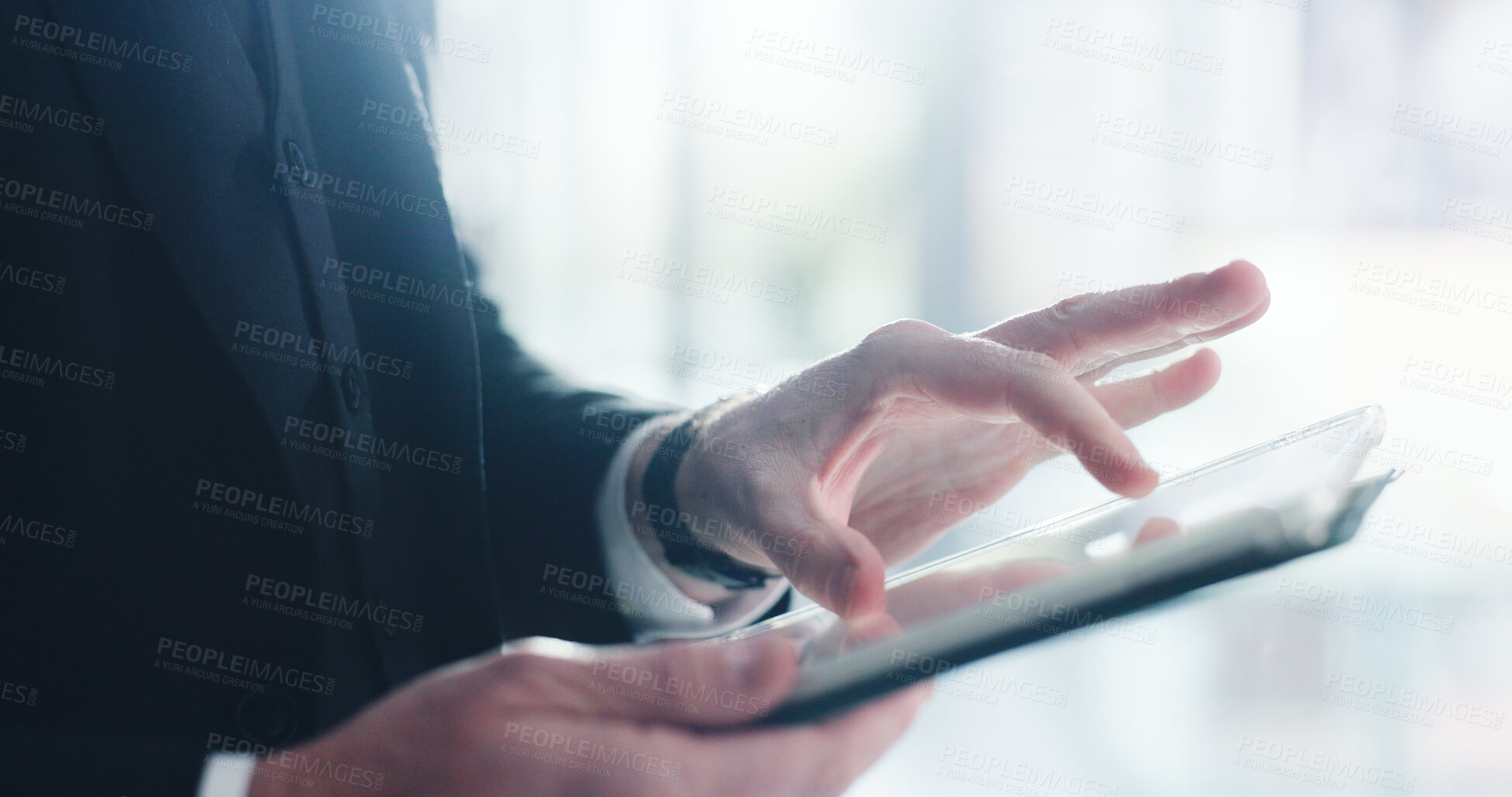 Buy stock photo Hands, businessman and tablet in office for online planning, app and internet connection. Professional person, tech and scroll for corporate research, communication or networking email at workplace