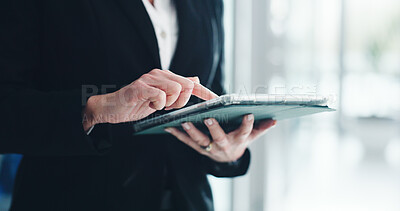 Buy stock photo Hands, businessman and scroll on tablet in office for corporate planning, app or internet. Professional person, tech and connection for online research, communication or networking email at workplace