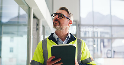 Buy stock photo Thinking, architecture and man with tablet, inspection and app for checklist, real estate or ideas. Mature person, civil engineering and employee with tech, quality control and property expansion