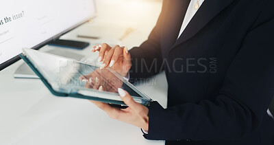 Buy stock photo Business, hands and woman with tablet, internet and email for economy feedback, app and investment growth. Person, investor and employee in workplace, typing and writing report with connection