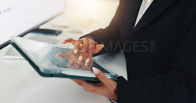 Buy stock photo Business, hands and woman with tablet, typing and email for economy feedback, app and stats. Person, investor and employee in office, fintech and data analysis with connection and investment deal