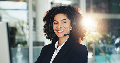 Buy stock photo Portrait, call center agent and happy woman with customer service, help desk or language translation. Smile, contact us and inbound consultant with headset for multilingual support, crm and advisor