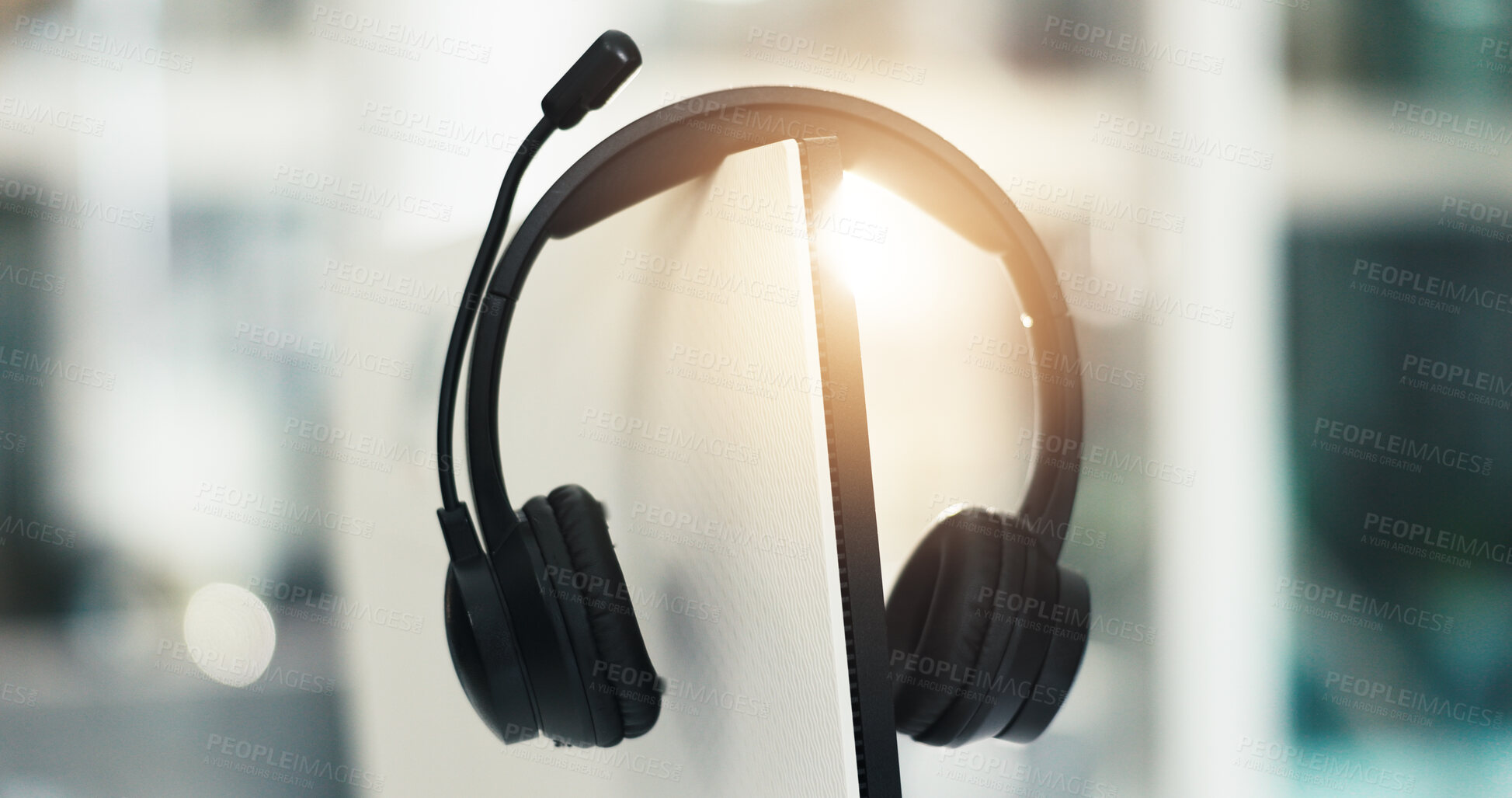 Buy stock photo Call center, computer and interior with headset in empty office for virtual assistance, crm and help desk. Communication, contact us and flare with mic headphones in agency for lead generation