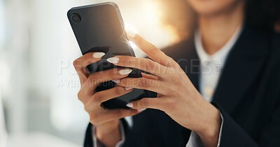 Buy stock photo Hands, business and woman with phone in office for research, contact source and confirm schedule. Journalist, reading and mobile for editor feedback, fact check and online questions for publication
