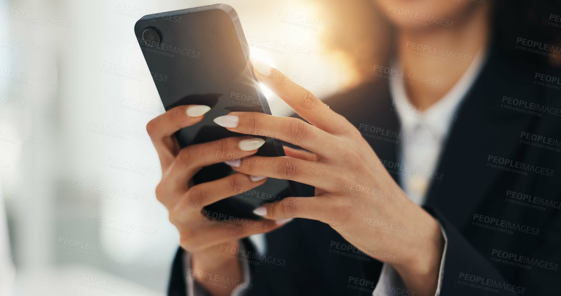 Buy stock photo Hands, business and woman with phone in office for research, contact source and confirm schedule. Journalist, reading and mobile for editor feedback, fact check and online questions for publication