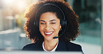Smile, call center agent and woman with help desk, customer service or language translation. Inbound, contact us and happy African consultant with headset for multilingual support, crm or advice