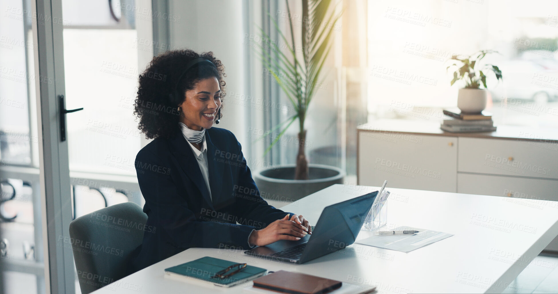 Buy stock photo Online, business or woman in office with technology, professional or consulting for start up. Smile, communication or virtual assistant for company with laptop, email and admin for corporate