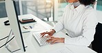 Hands, computer and businesswoman typing in office for report, email or compliance review. Keyboard, consultant and writing with research on internet, schedule or policy development in workplace
