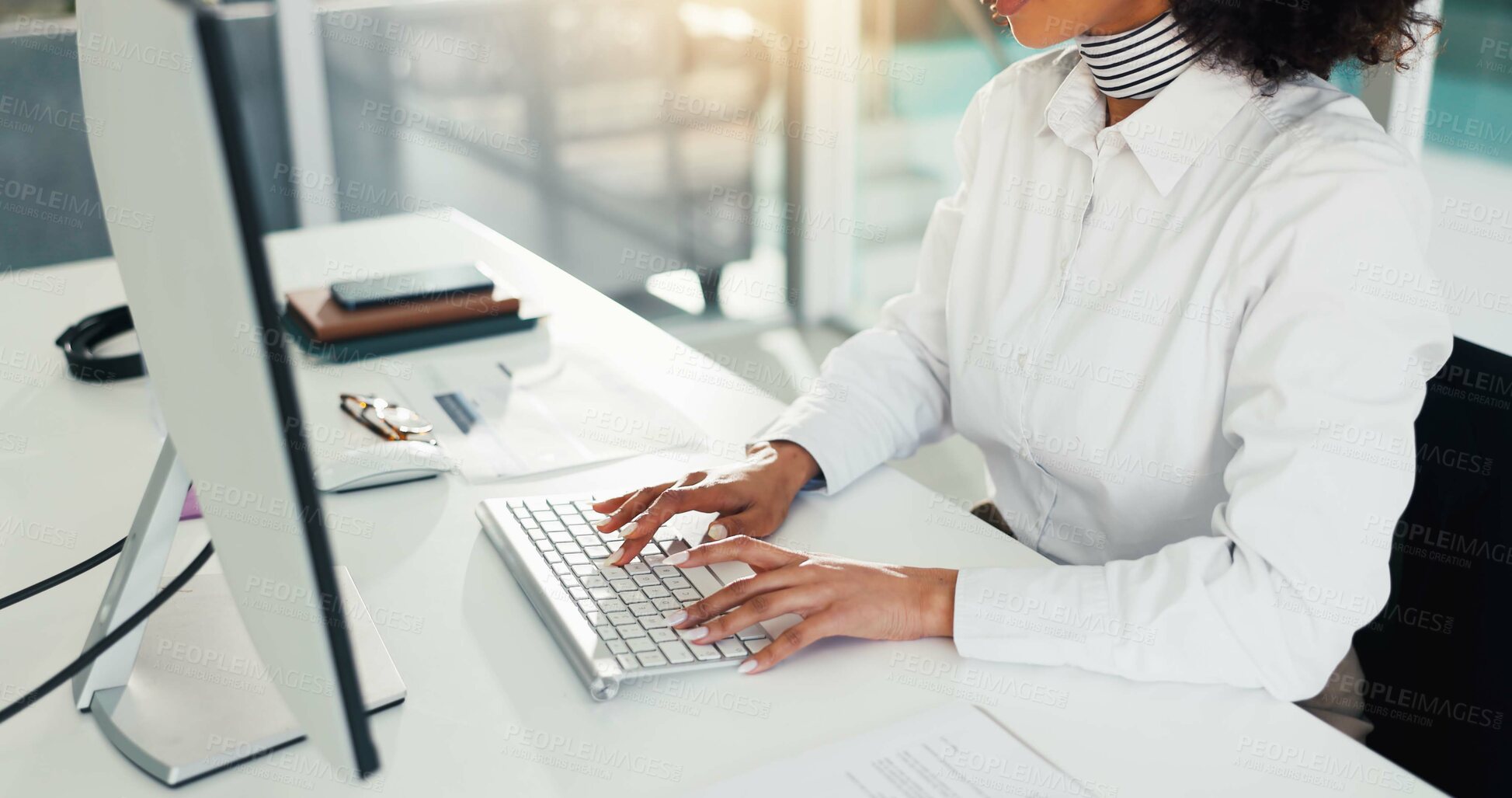 Buy stock photo Hands, computer and businesswoman typing in office for report, email or compliance review. Keyboard, consultant and writing with research on internet, schedule or policy development in workplace