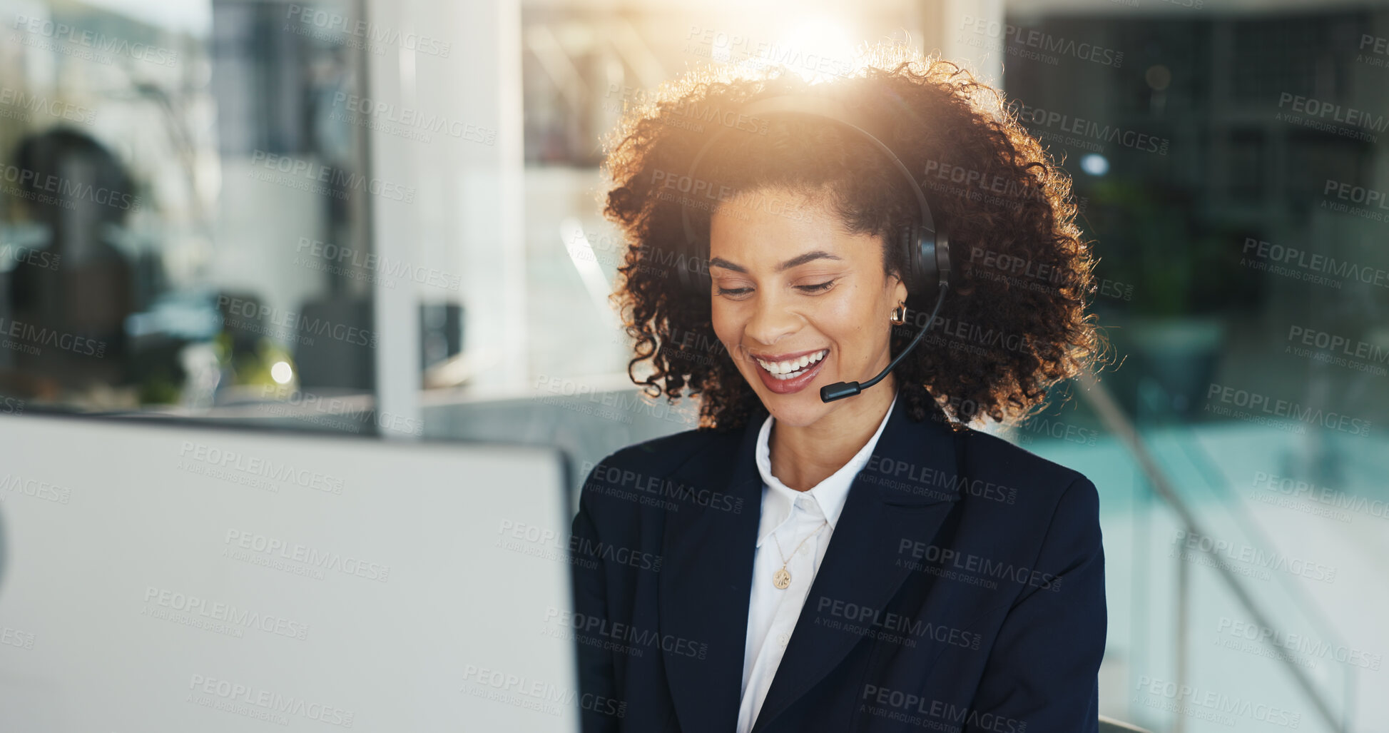 Buy stock photo Talk, call center agent and happy woman with customer service, help desk or language translation. Smile, contact us and inbound consultant with headset for multilingual support, crm and advice