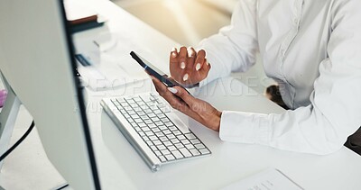 Buy stock photo Hands, smartphone and business woman in office to check text, email or compliance review. Mobile, consultant and app for communication online, message or research for policy development in workplace