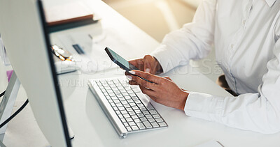 Buy stock photo Hands, mobile and business woman in office to check text, email or compliance review. Smartphone, consultant and app for communication online, message or research for policy development in workplace